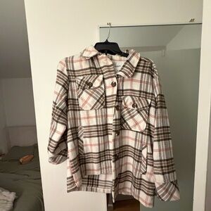 Kensie Girl Plaid Utility Shacket in Cream, Brown & Soft Pink
